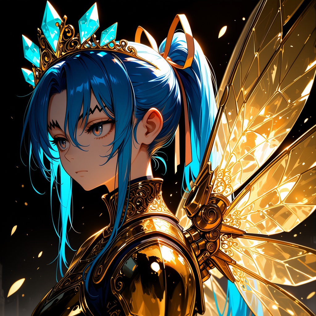 A girl on the left side with long blue hair tied in a ponytail,  with sidelocks and strands falling between her eyes,  dec...