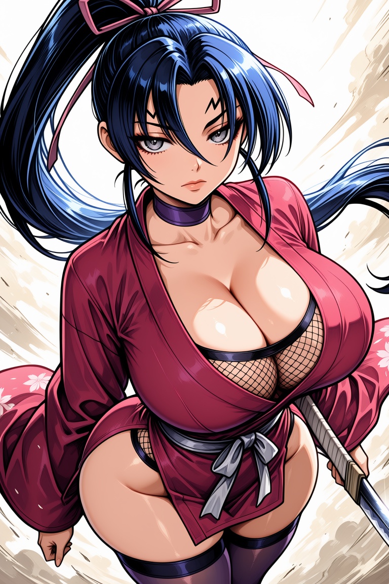 A single girl with long blue hair tied in a ponytail,  with sidelocks and strands falling between her eyes,  decorated wit...