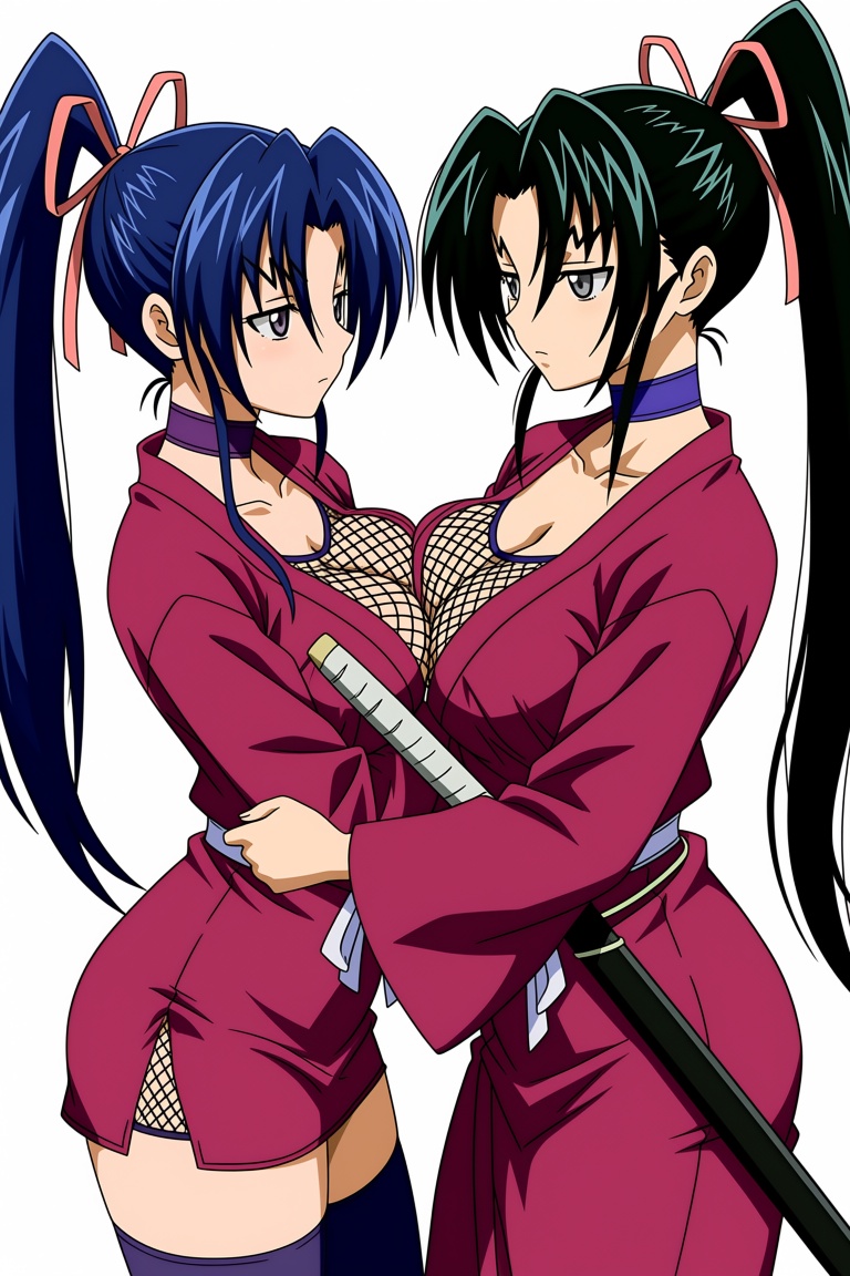 A girl on the left side with long blue hair tied in a ponytail,  with sidelocks and strands falling between her eyes,  dec...