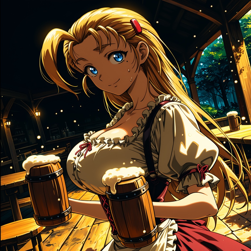 1girl with long slicked‑back blonde hair and an ahoge. She has bright blue eyes and a small mole under her eye. anime scre...