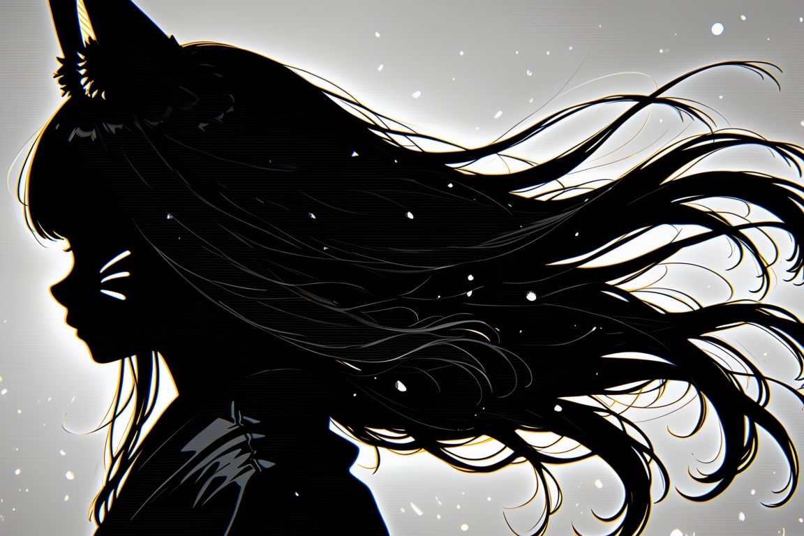 Pencil drawing ,  A grayscale image a silhouette of a girl with flowing hair and animal ear fluff,  looking afar. She has...