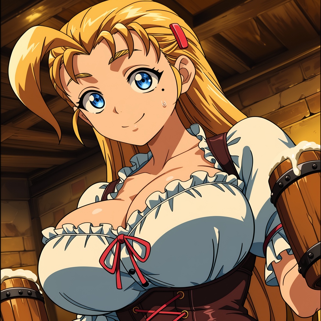1girl with long slicked‑back blonde hair and an ahoge. She has bright blue eyes and a small mole under her eye. anime scre...