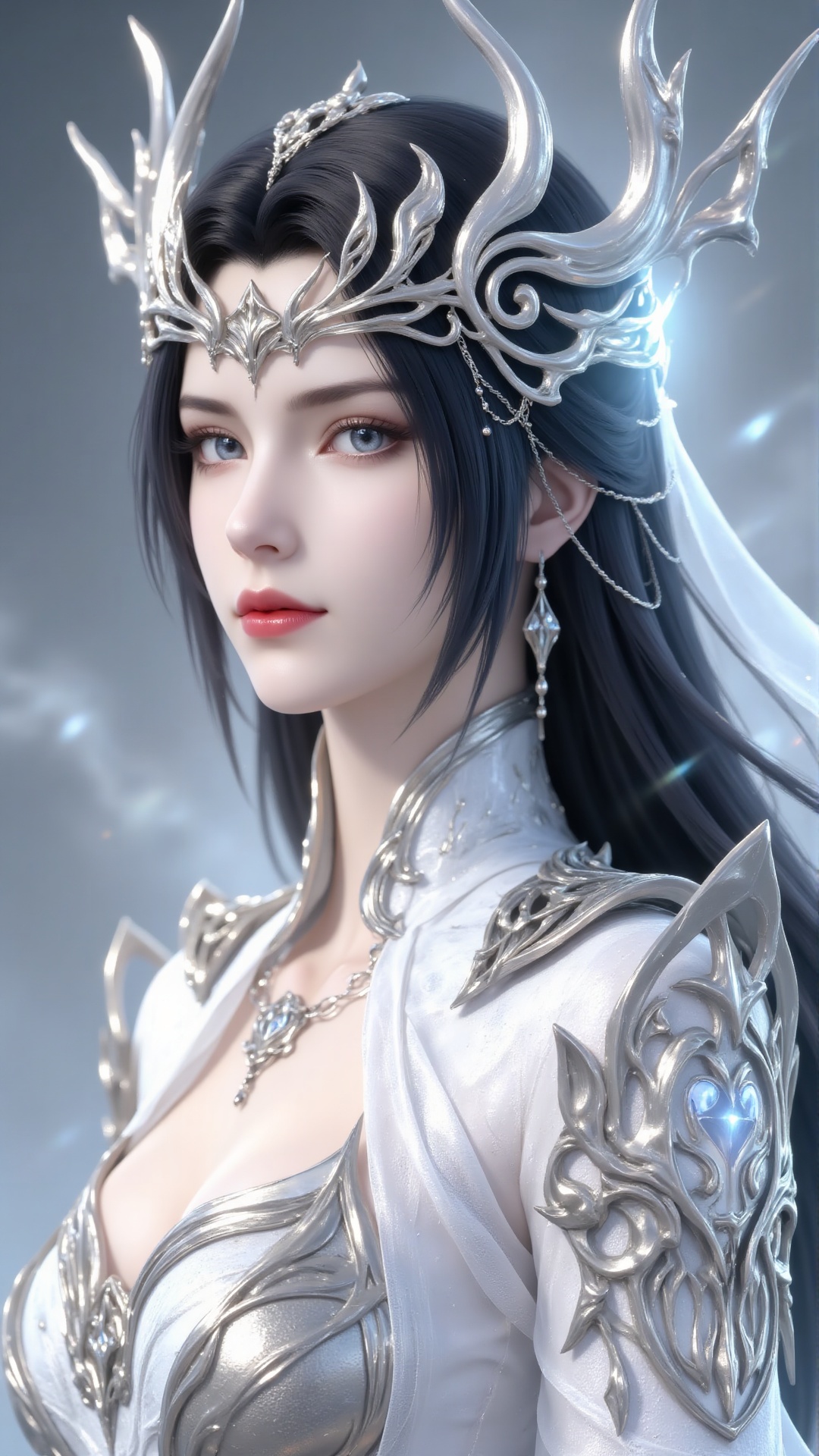 Digital painting of a regal ethereal woman with pale skin and striking blue eyes. She has long flowing black hair adorned...