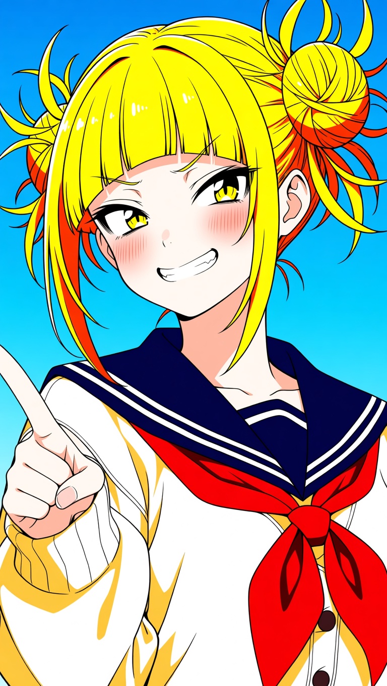 toga himiko,  A vibrant and colorful anime-style drawing of a young woman with blonde hair styled in double buns,  wearing...