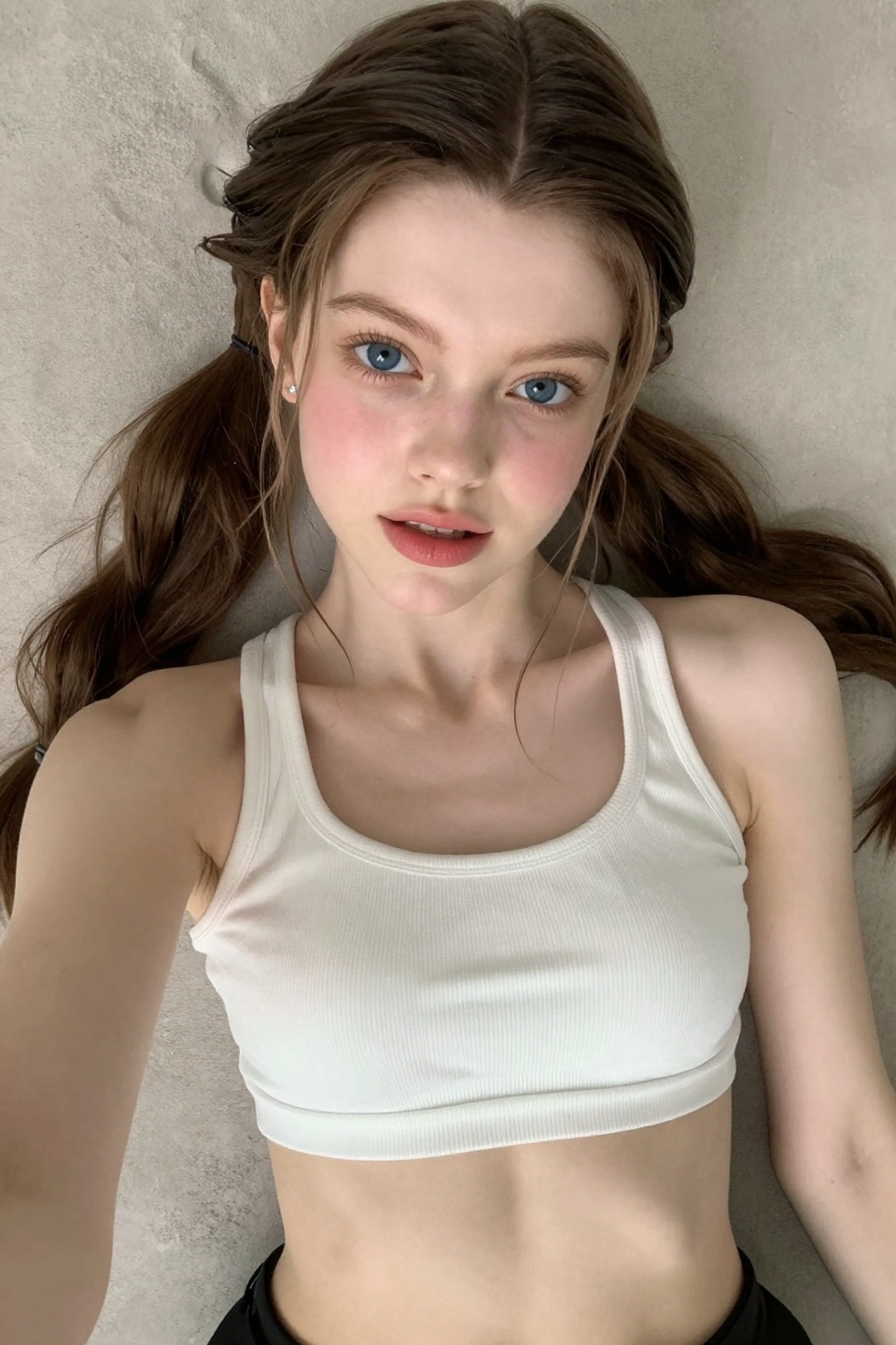 POV High-angle view a beautiful girl,  small breast,  crop top on Tensor.Art