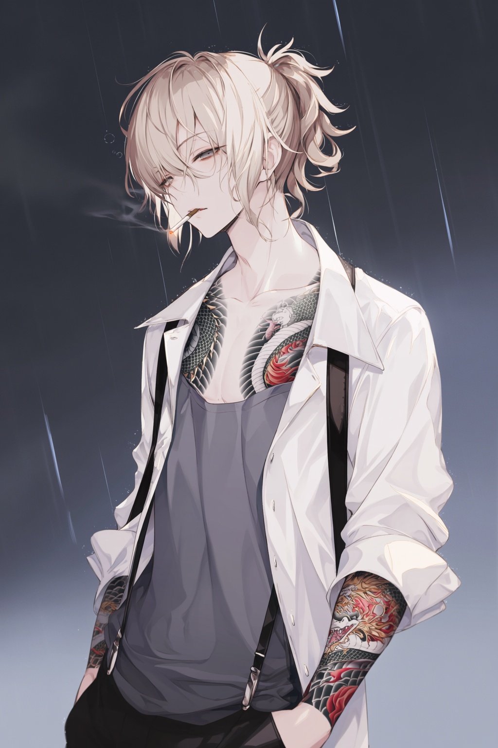 wan_ke Digital anime-style drawing of a male character with wavy,  ash-blonde hair tied in a loose,  messy ponytail. He ha...