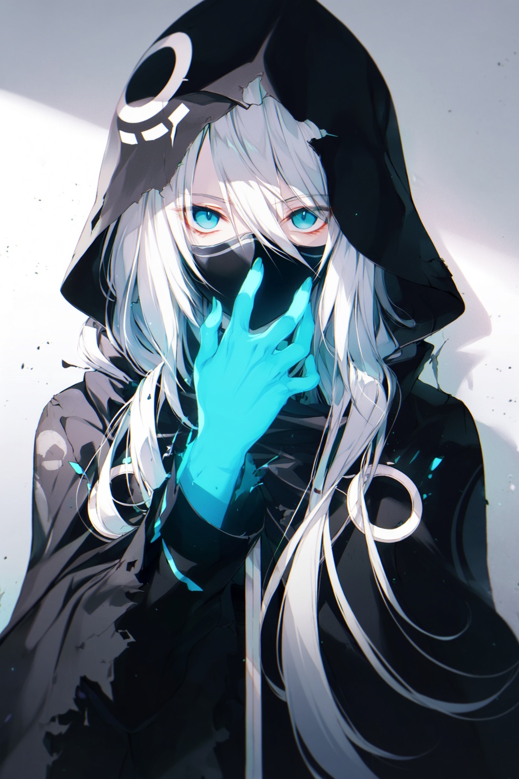 wan_ke This is a digital anime-style artwork featuring a mysterious character with long,  white,  flowing hair and strikin...