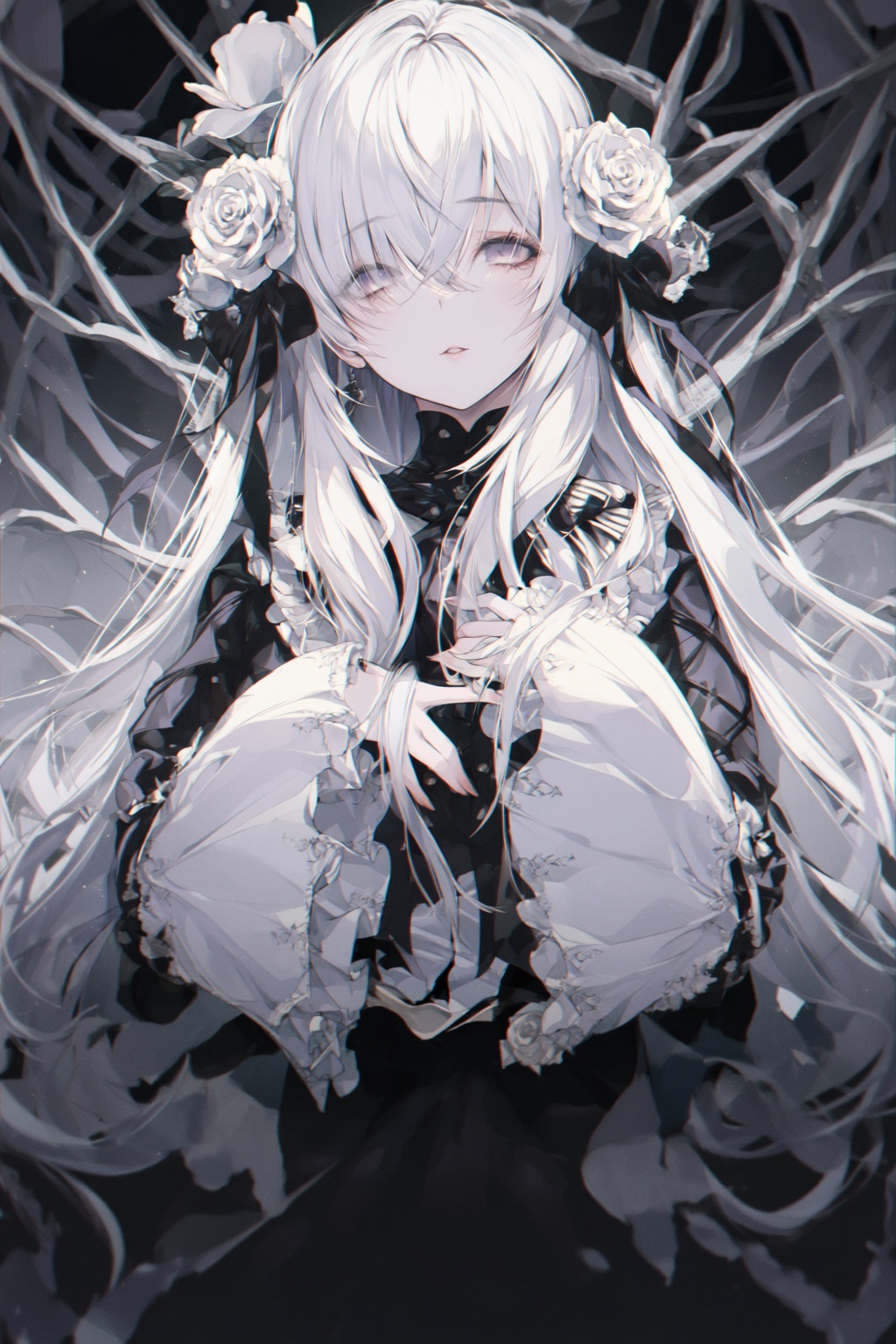 wan_ke Digital artwork of a pale,  white-haired anime girl with long,  flowing hair on Tensor.Art