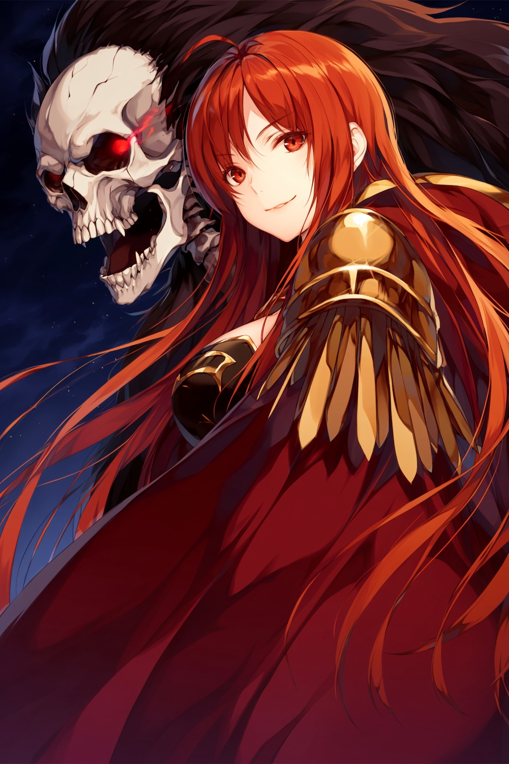 wan_ke Digital anime-style illustration of a red-haired woman with long,  flowing hair and red eyes. She wears a dark red,...