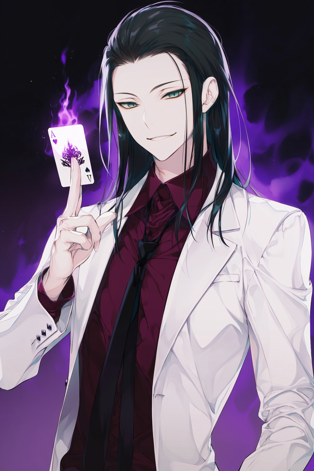 wan_ke Digital anime-style artwork of a tall male character with long,  slicked-back black hair and sharp,  narrow green e...