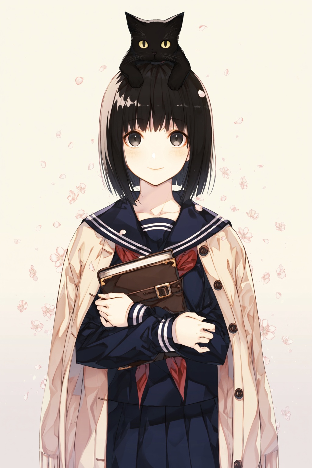 wan_ke Digital anime-style drawing of a quiet,  mysterious female student. She has straight,  chin-length black hair and l...