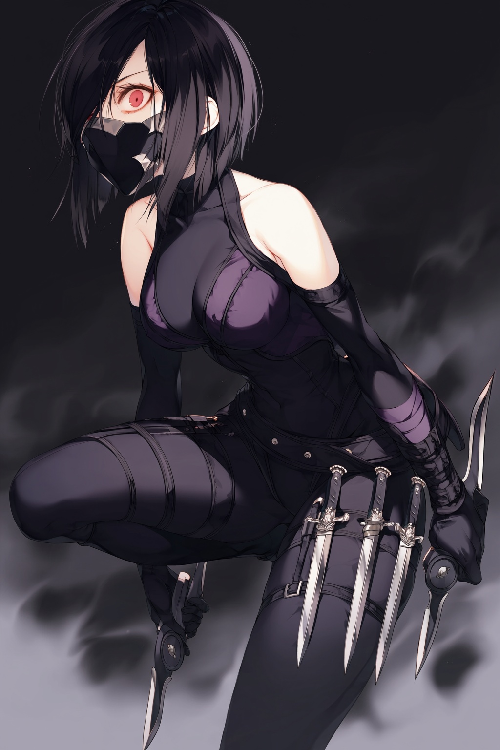 wan_ke This is a digital anime-style artwork featuring a female assassin with short,  choppy black hair and a single visib...