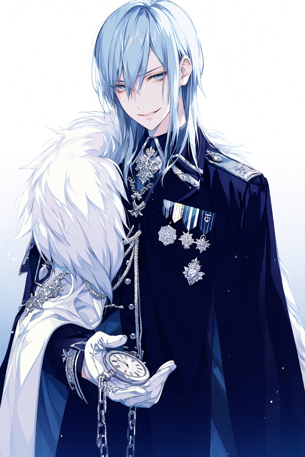 wan_ke Digital anime-style drawing of a cold,  aristocratic young male with straight,  shoulder-length ice-blue hair and p...