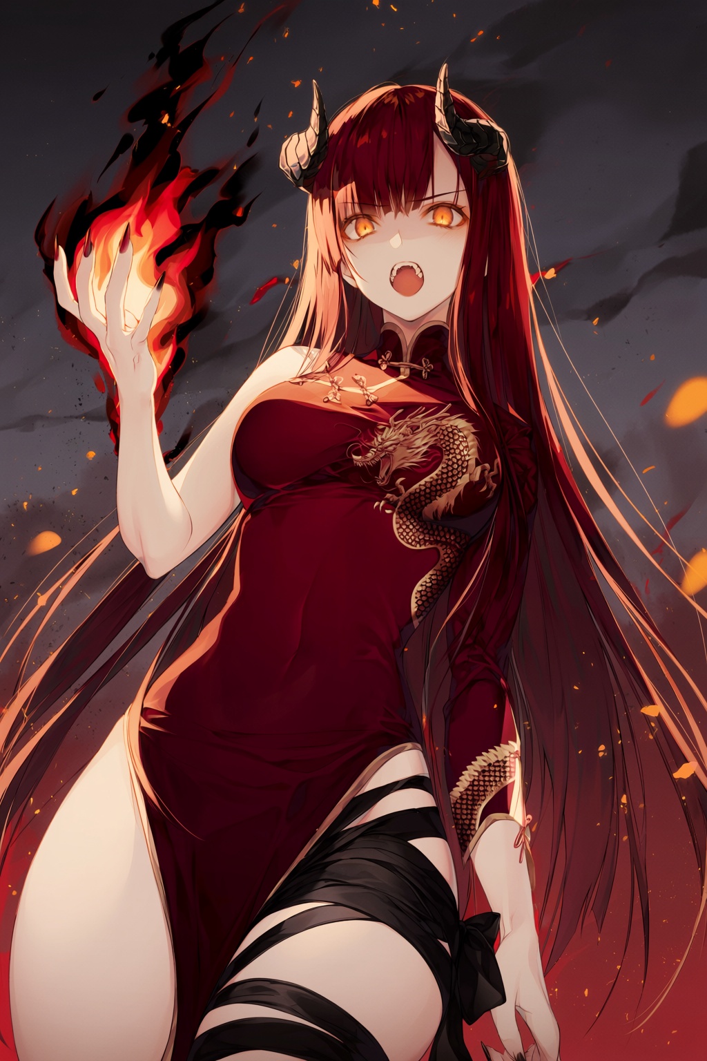 wan_ke Digital anime-style illustration featuring an intimidating female character with long,  straight scarlet hair and g...