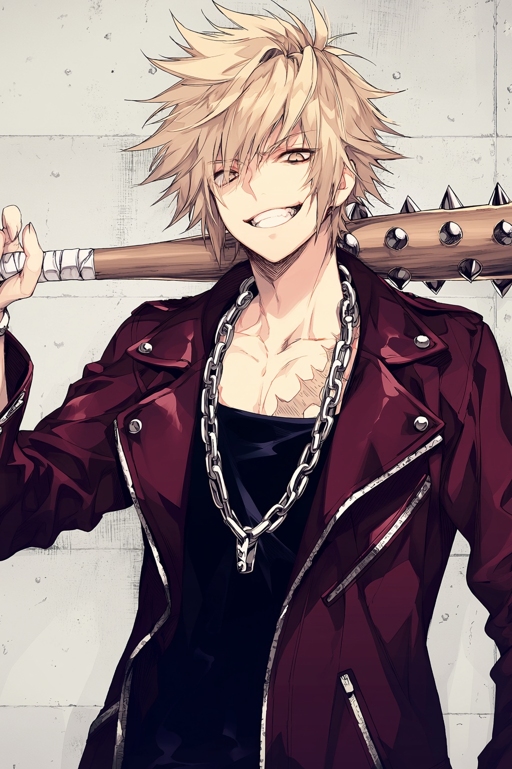 wan_ke Digital anime-style drawing of a rugged young male with wild,  spiky blonde hair and a confident,  aggressive grin....
