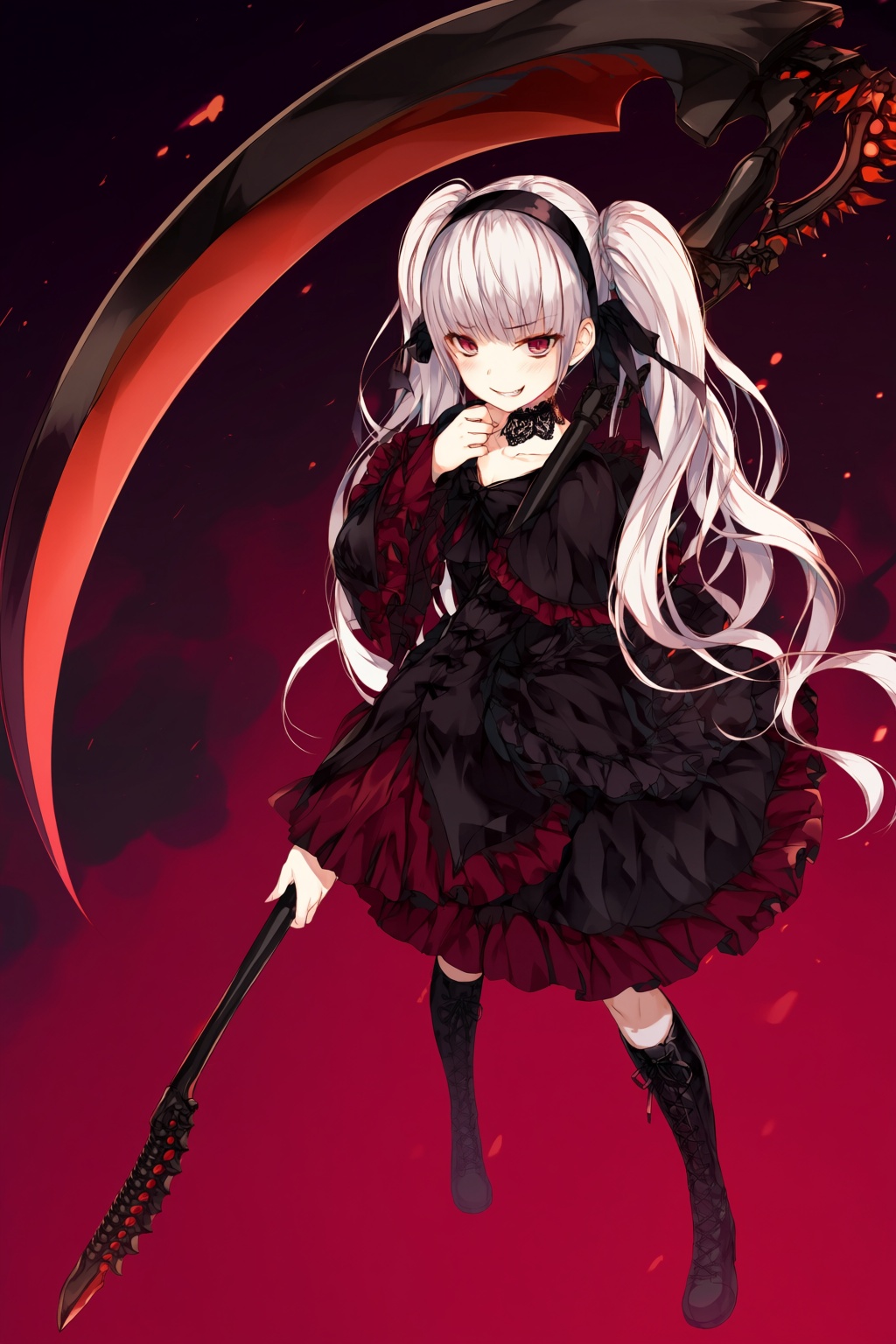 wan_ke Digital anime-style artwork featuring a young woman with long,  silver hair styled in low twin tails and piercing c...