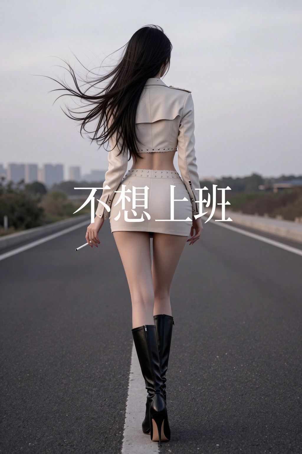 在马路中央,  一名女子背对镜头站着,  长发被风吹向一侧 by 剑舞轻风 on Tensor.Art
