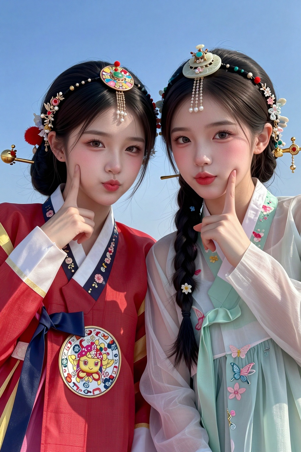 两位朝鲜族年轻女性并肩而立,  头靠在一起,  面对镜头比手势 by 剑舞轻风 on Tensor.Art