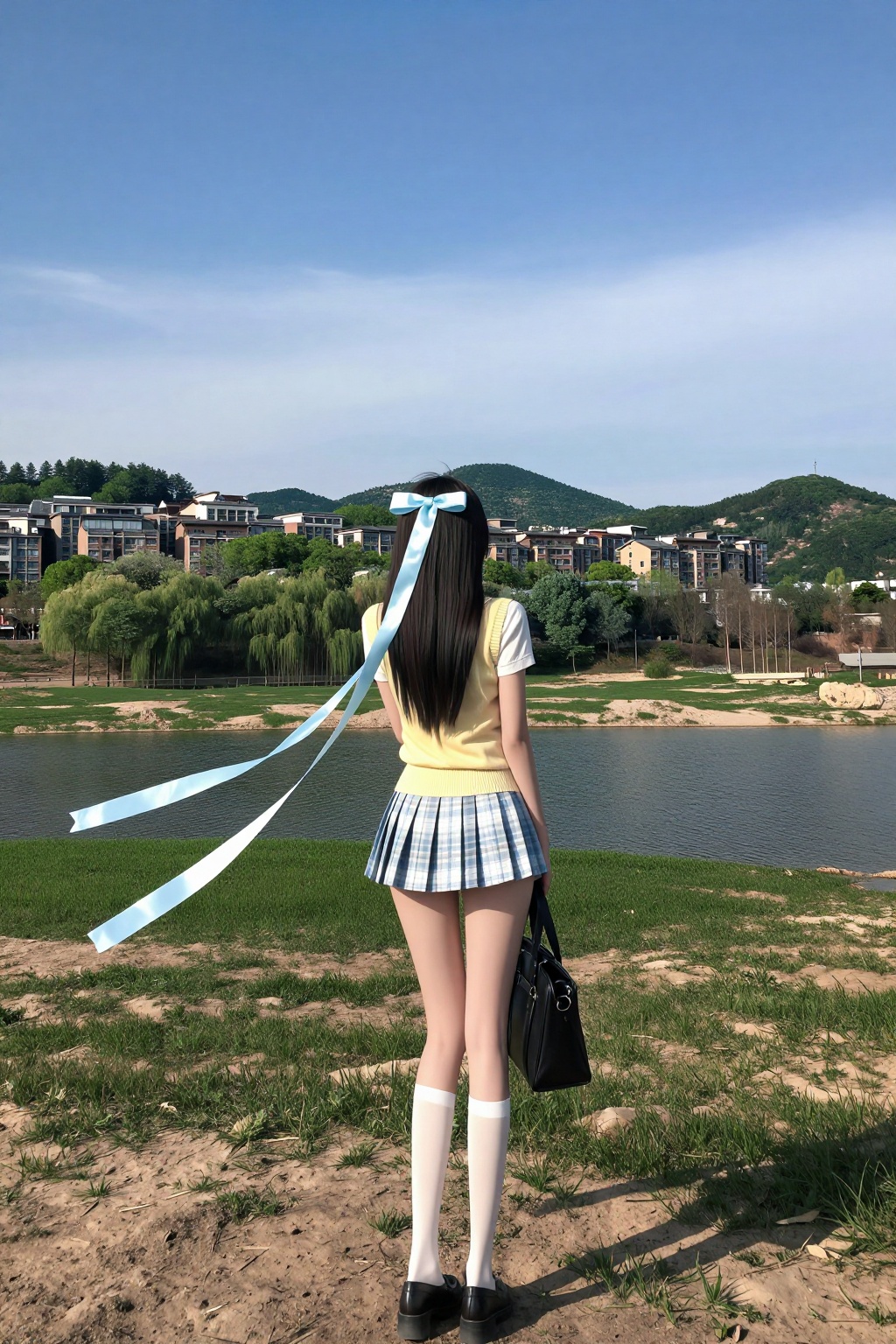 晴朗春日午后,  一位长发少女背对镜头立于河岸草坡上,  深色长发束以浅蓝丝带 by 剑舞轻风 on Tensor.Art