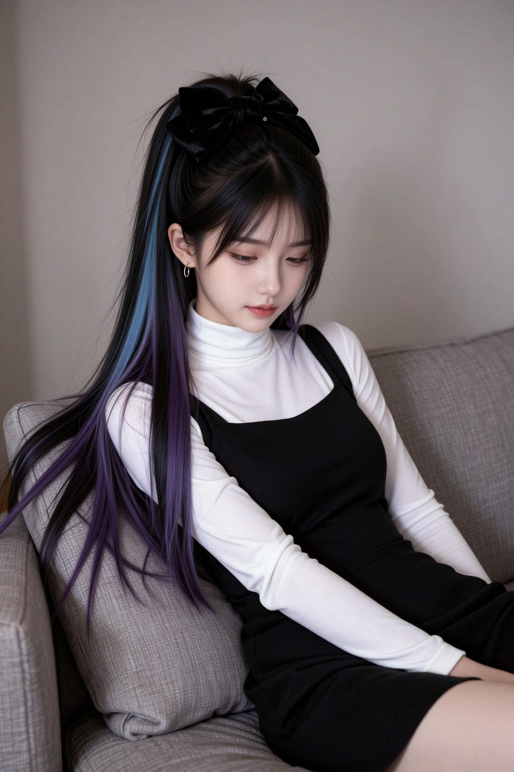 一位年轻女性躺坐沙发上,  身着黑白拼接高领连衣裙,  外层黑色面料垂坠柔软 by 剑舞轻风 on Tensor.Art