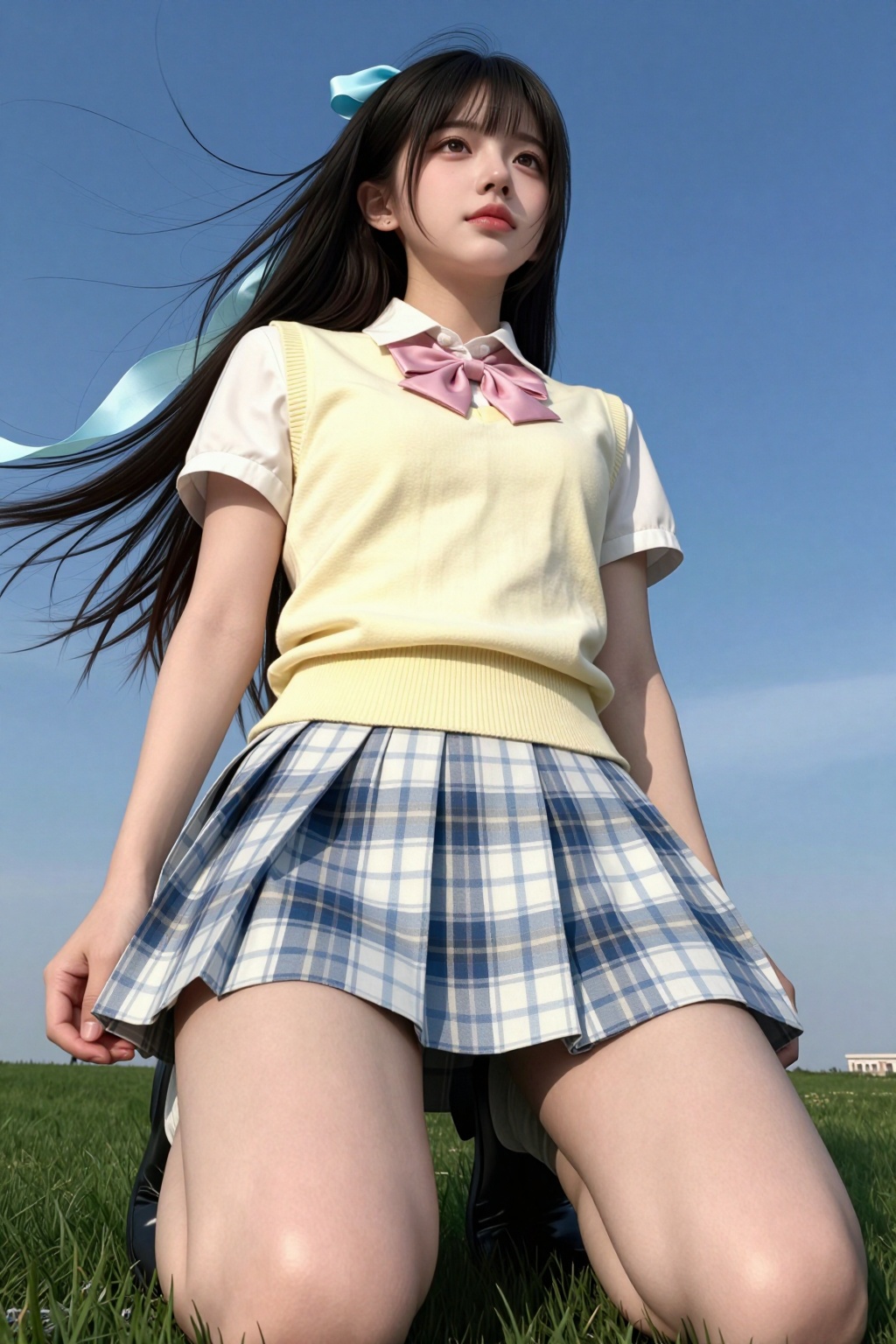 低视角,  一位年轻女子跪在草地上,  清纯的脸庞 by 剑舞轻风 on Tensor.Art