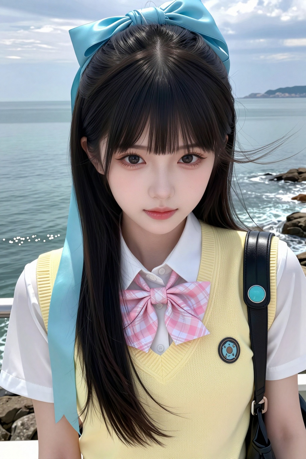 画面中是一位年轻女性位于高处,  黑发垂肩,  额前留有齐刘海 by 剑舞轻风 on Tensor.Art
