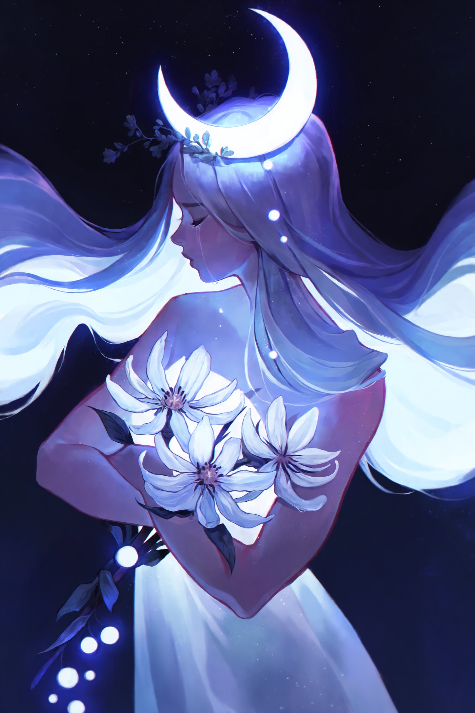 lau1,  crescent moon resting on 1girl's head like horns,  glowing soft silver light on Tensor.Art