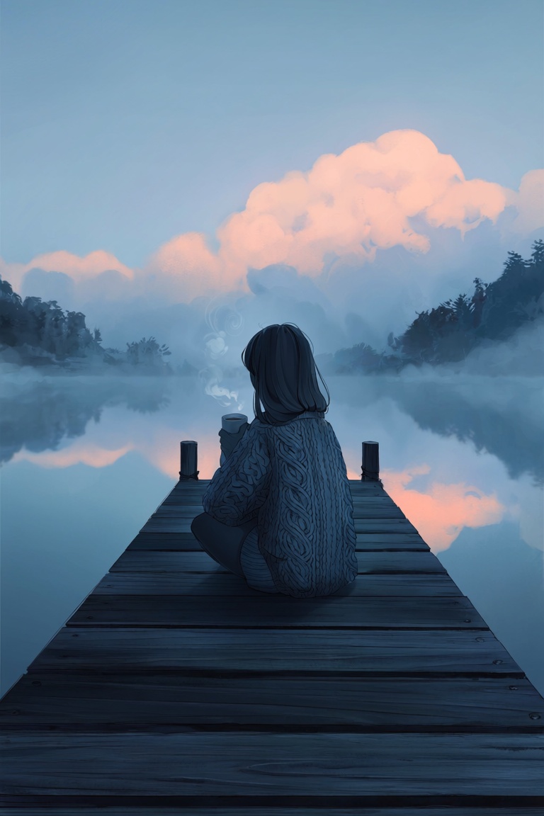 lau1,  1girl wearing oversized knitted sweater dissolving into morning fog,  holding cup of steaming tea on Tensor.Art