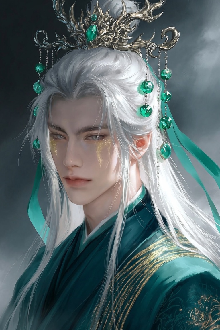 xte,  male with long silver-white hair tied with jade green ribbon,  soft grey eyes with golden flecks on Tensor.Art
