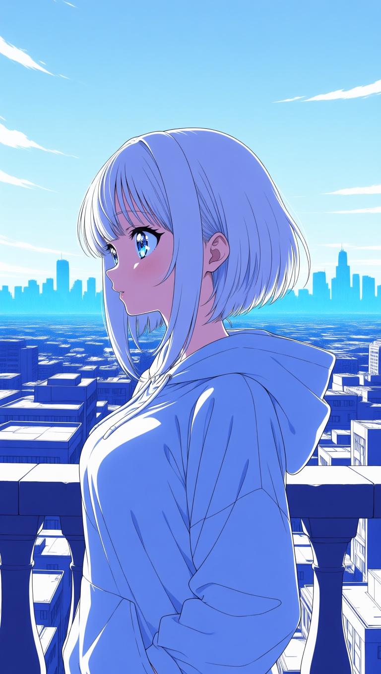 Anime-style digital art showing a side profile of a young woman with short white hair and striking blue eyes. She is weari...