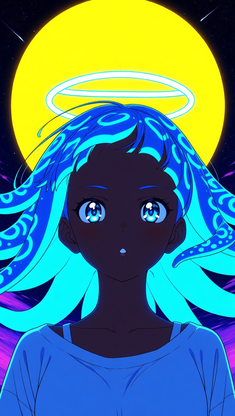 Digital art in a modern anime style,  close-up of a dark-skinned girl with glowing blue hair that flows in bioluminescent...