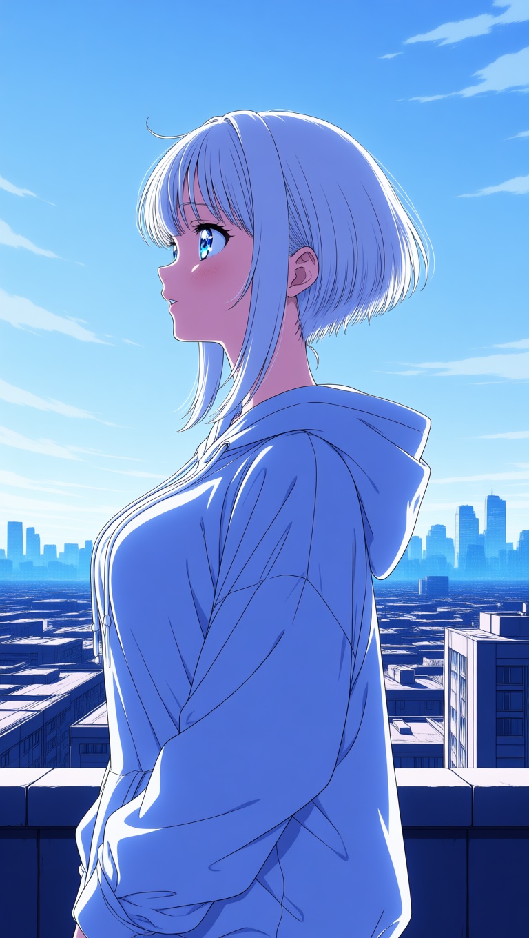 Anime-style digital art showing a side profile of a young woman with short white hair and striking blue eyes. She is weari...