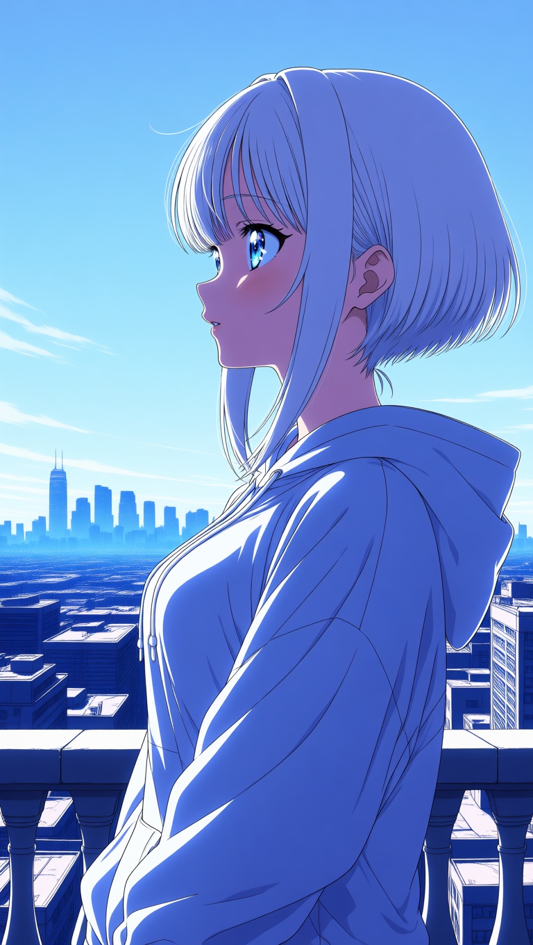 Anime-style digital art showing a side profile of a young woman with short white hair and striking blue eyes. She is weari...