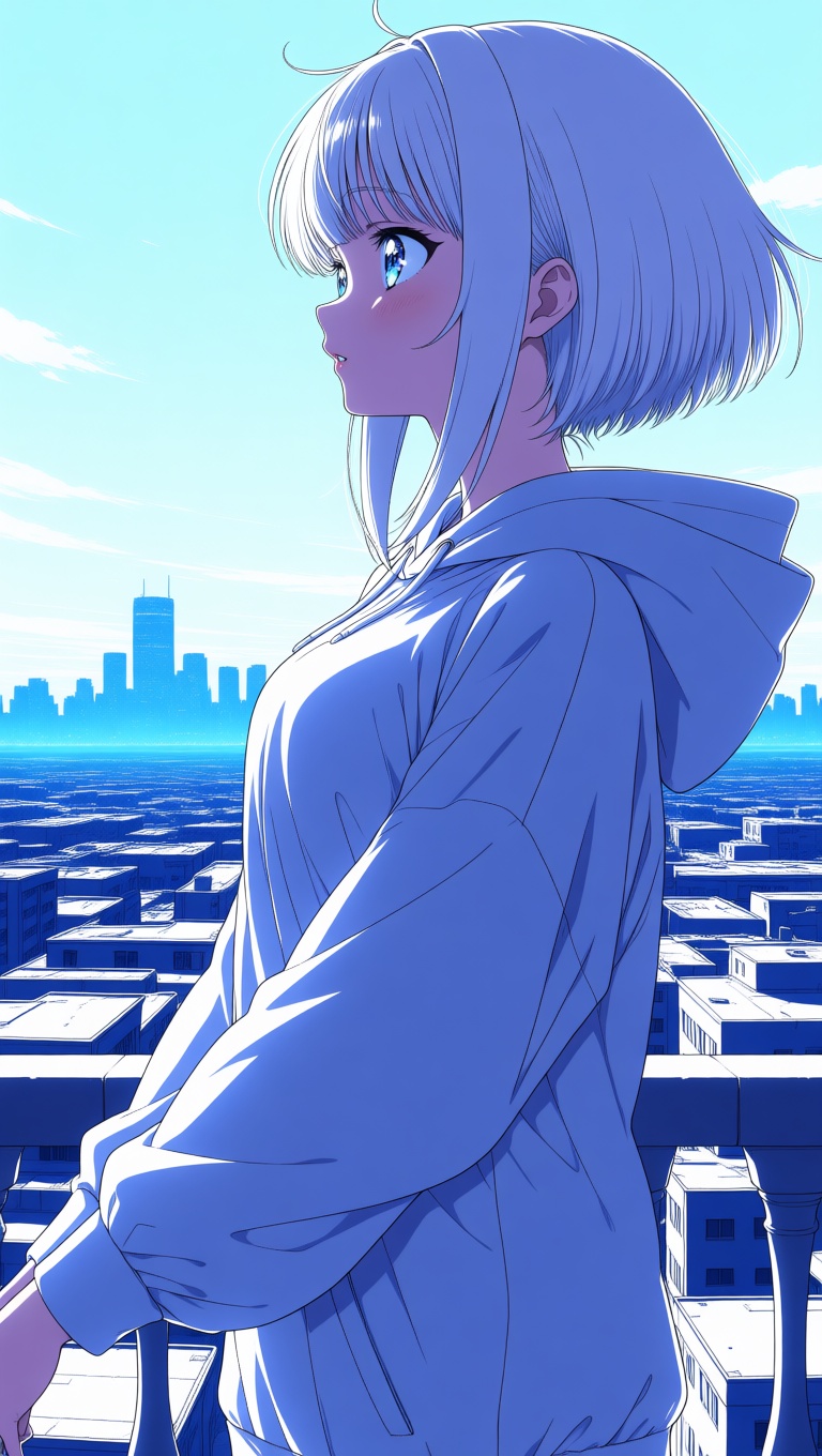 Anime-style digital art showing a side profile of a young woman with short white hair and striking blue eyes. She is weari...