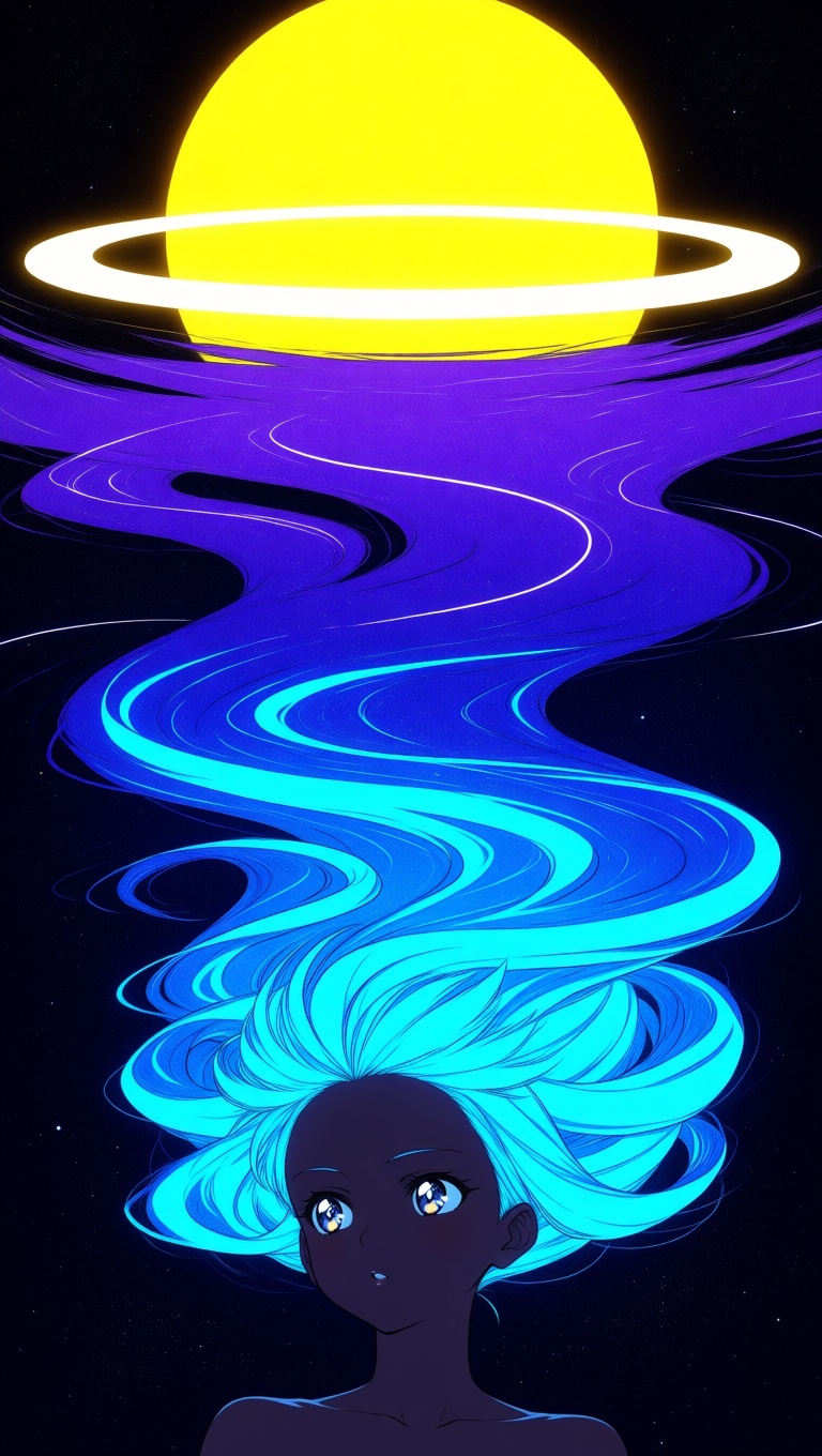 A celestial-themed anime girl with dark skin and luminous hair arranged in mystical,  flowing shapes that glow with vibran...