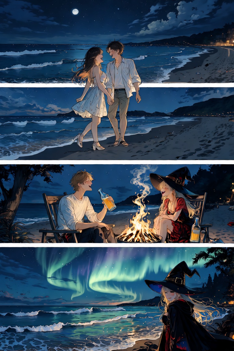 Create a manga-style comic with 4 panels. The theme is a love story set on a beach at night. In the first panel,  a couple...