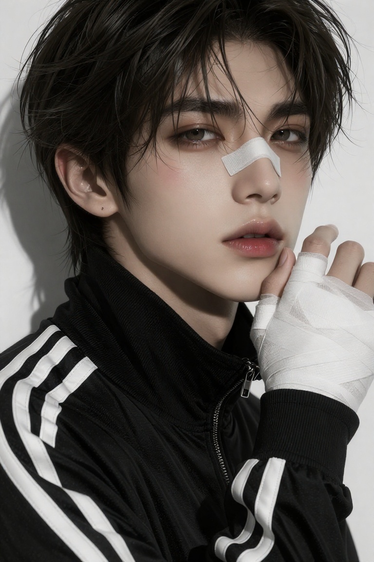 A stylish young man with soft delicate features and fair skin poses in a clean high-fashion studio portrait,  wearing a bl...