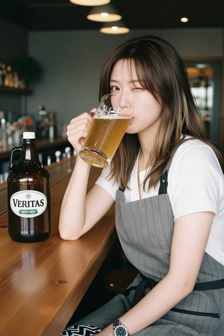 A woman with shoulder-length dark brown hair,  lightened at the ends,  sits at a polished wooden bar counter on Tensor.Art