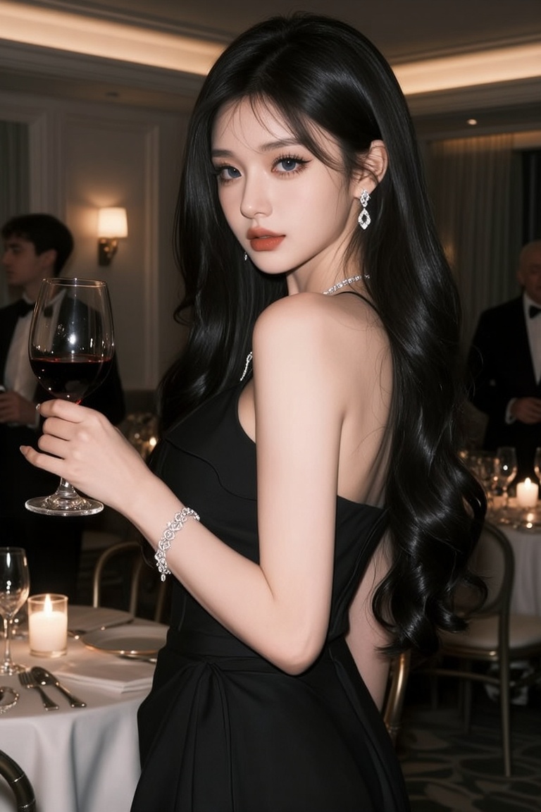 An 18-year-old girl,  wearing a black evening gown,  the background is at a luxury party on Tensor.Art