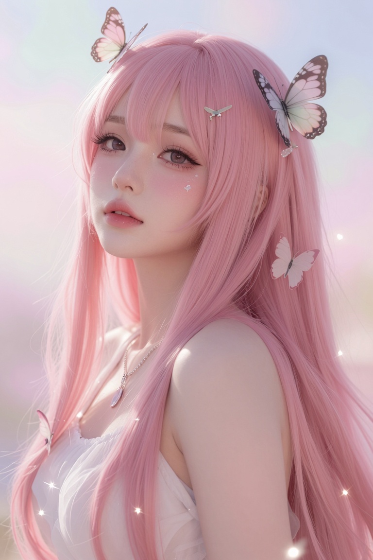 [ beautiful anime of] The image depicts a stylized,  ethereal female character with long,  flowing pink hair adorned with...