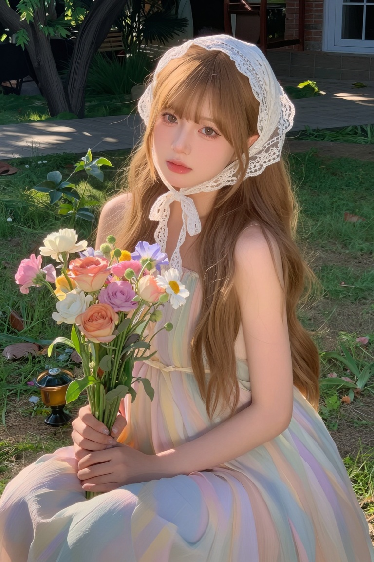 Korean thick impasto style,  semi realistic style. Ulzzang style. A young woman with long light brown hair and soft bangs....