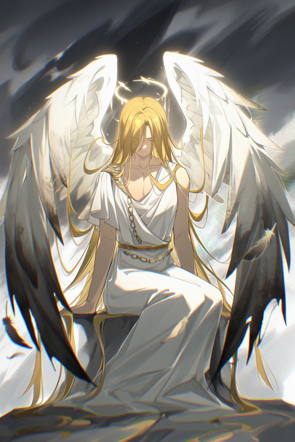 @BOBO_qiuqiu,  mature A melancholic digital illustration depicts a celestial being in a state of sorrowful grace. The figu...