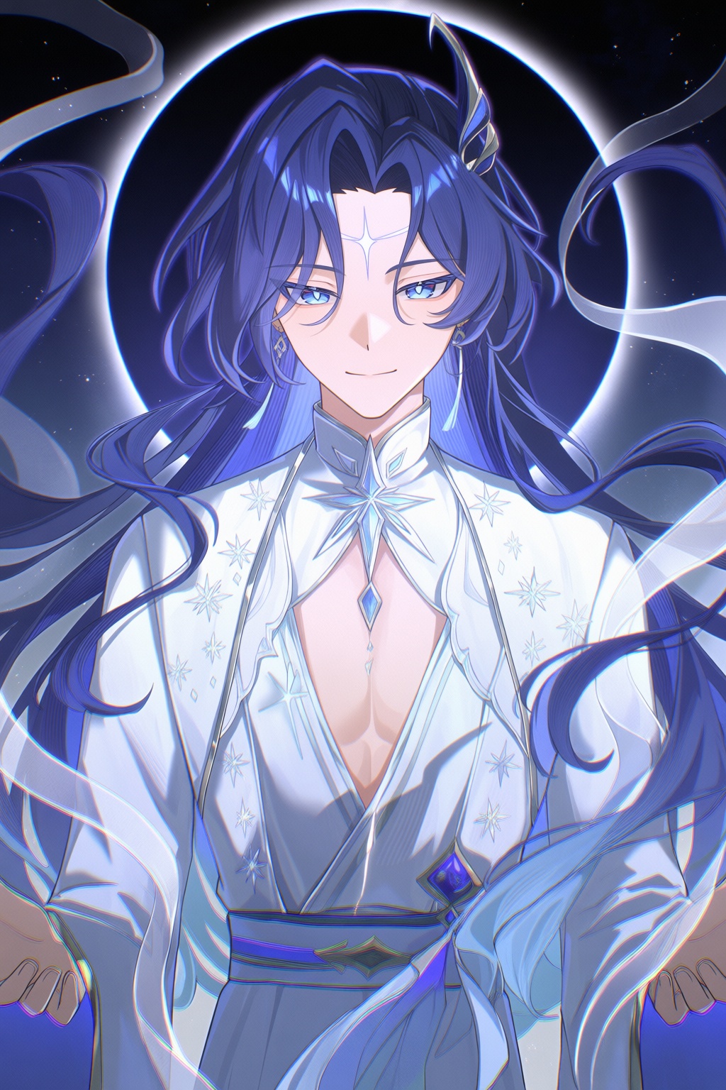 @BOBO_qiuqiu,  mature A supernatural digital painting portrays a celestial figure with flowing midnight-blue hair and lumi...