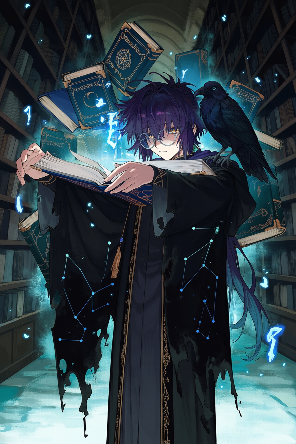 @wa7arurei,  36 - A moody fantasy artwork depicts a lonely scholar surrounded by floating books and glowing blue runes. Th...