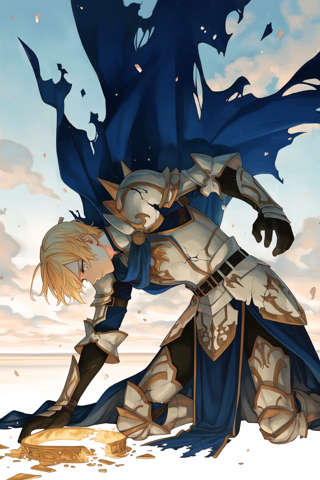 @wa7arurei,  40 - A dramatic digital painting presents a celestial knight kneeling before a broken golden halo lying on th...