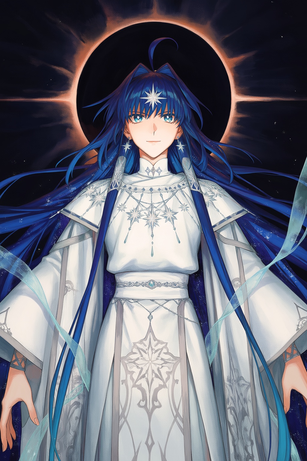 @wa7arurei,  mature,  A supernatural digital painting portrays a celestial figure with flowing midnight-blue hair and lumi...