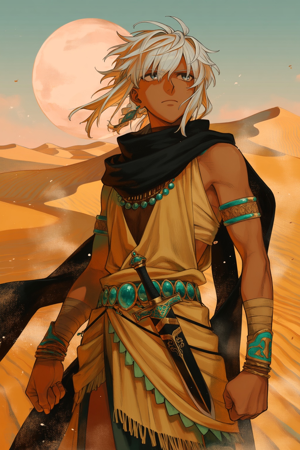 @wa7arurei,  38 - A striking digital portrait shows a desert wanderer with sun-bronzed skin,  silver eyes on Tensor.Art