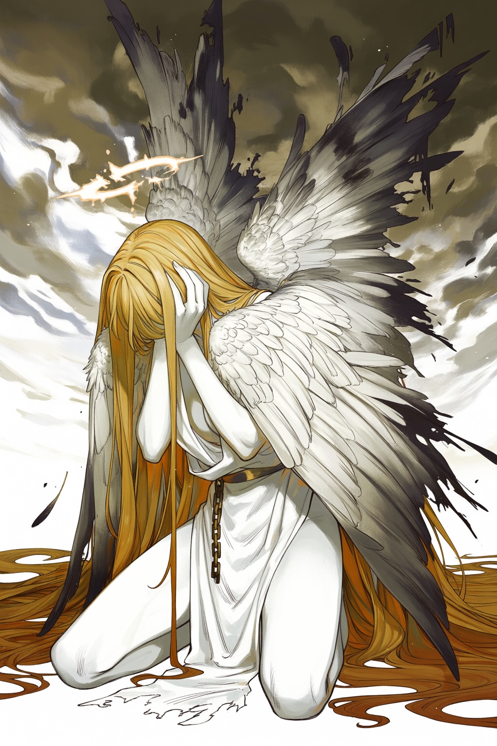 @wa7arurei,  mature,  A melancholic digital illustration depicts a celestial being in a state of sorrowful grace. The figu...