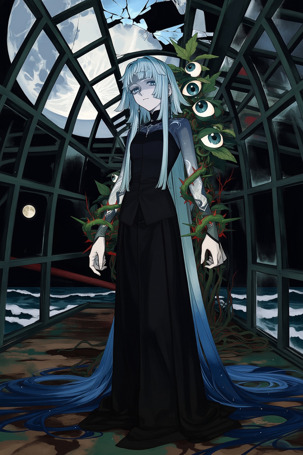 @wa7arurei,  20 - A dark,  surreal digital illustration features a solitary figure standing in an abandoned greenhouse whe...