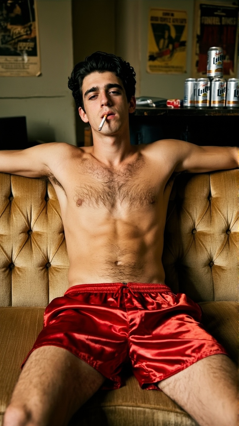 GQ_Alvin sits on a vintage,  tufted tan couch in a relaxed,  reclined pose on Tensor.Art